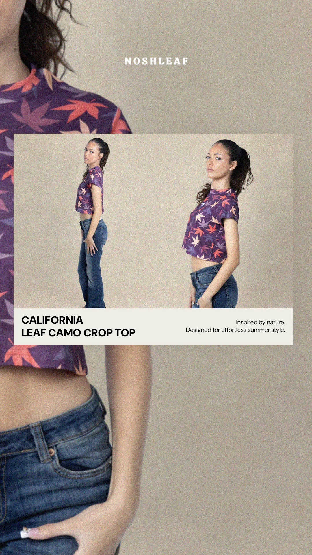 Apparel static ad: "California leaf camo crop top"